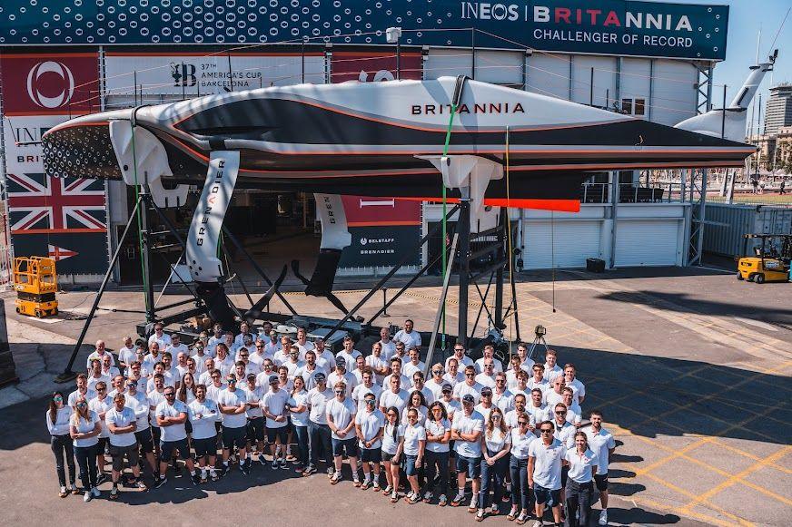 Ineos Britannia's performance, operation and support team in Barcelona with the AC75 boat Britannia
