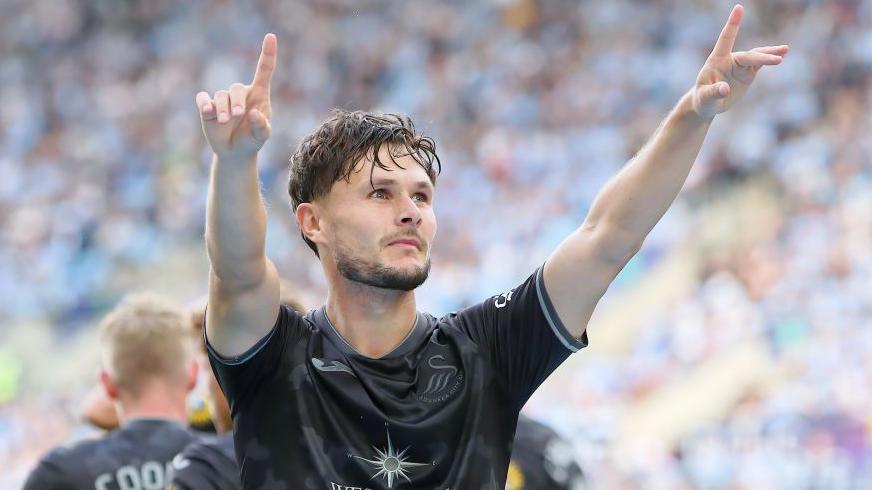 Liam Cullen celebrates scoring at Coventry earlier this season