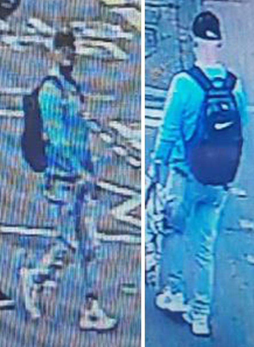 Two poor quality CCTV images of a man wearing a black cap and a black backpack. His clothing - a jumper, jeans and trainers - appear blue due to the hue of the images.
