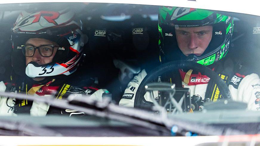 Elfyn Evans (right) behind the wheel alongside co-driver Scott Martin 