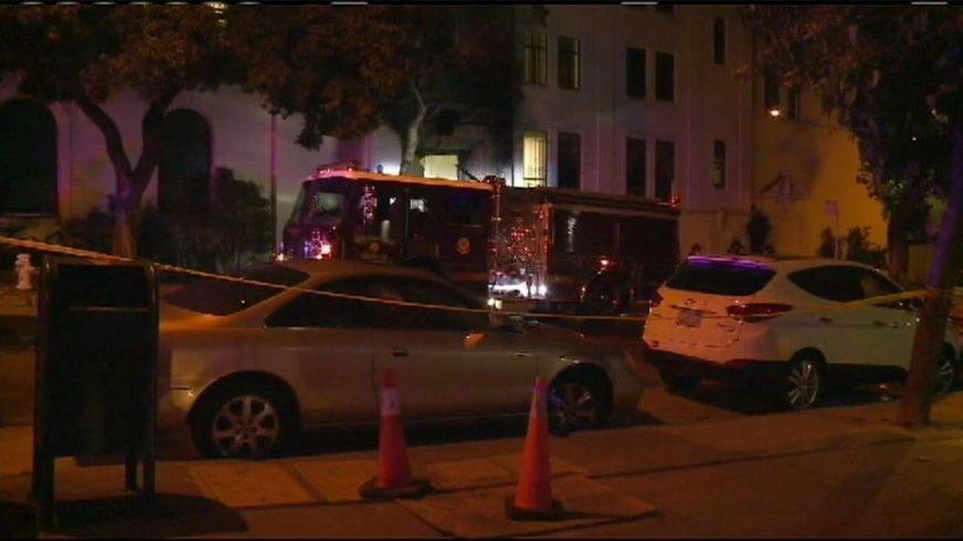 A fire truck outside the Chinese consulate