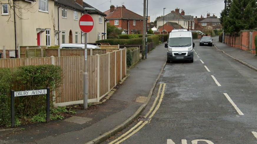 Streetview, including the sign of Drury Avenue in Spondon, Derby