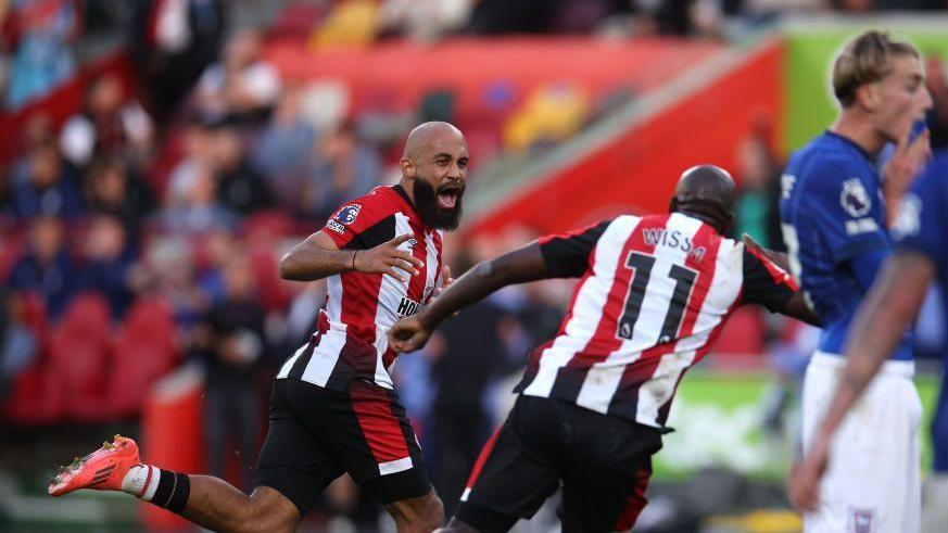 Bryan Mbeumo celebrates scoring against Ipswich