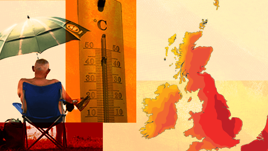 A graphic showing a man in a chair under a parasol on the left, a thermometer in the middle showing around 40 degrees Celsius, and an orange and red heat map of the UK on the right 