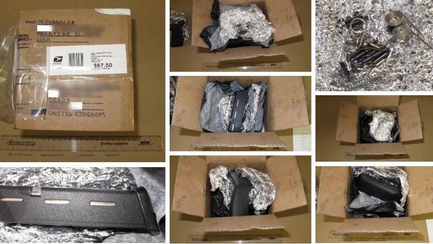 Contents of parcels found to contain various components for use with illegal ammunition and firearms. One of the parcels has an address written on in marker pen.