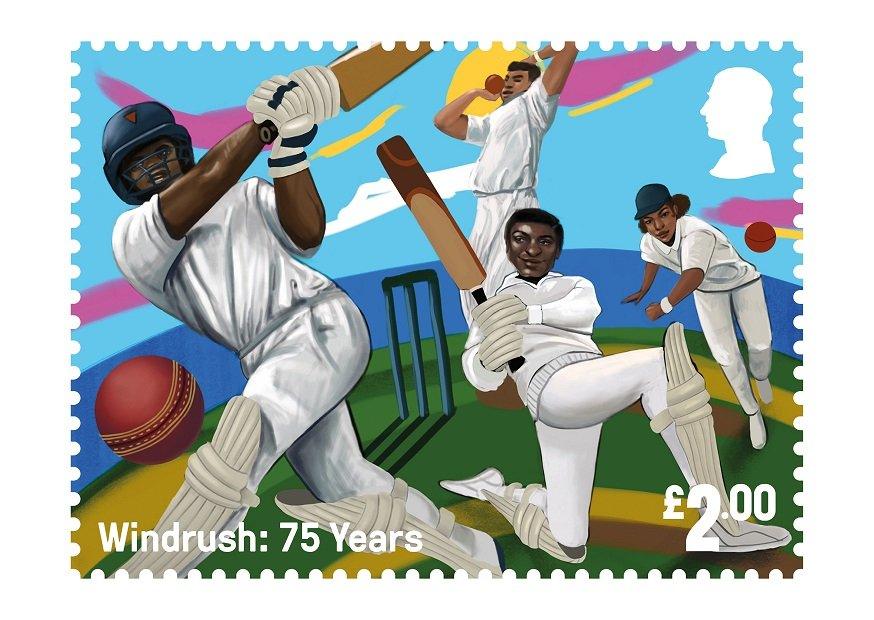 here we come stamp showing a cricket match