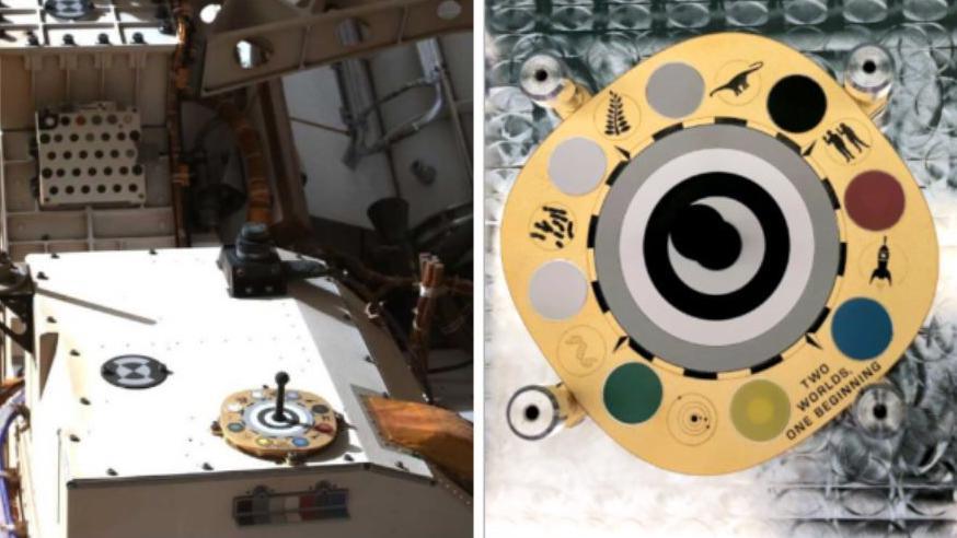 The ceramic colour palette made in Stoke-on-Trent is seen on the Mars rover in the left-hand image, with a close-up of the palette is shown in the right-hand image. Ceramic circles of red, blue, green, yellow, black and white and two shades of grey have been mounted on to a gold-coloured plate.