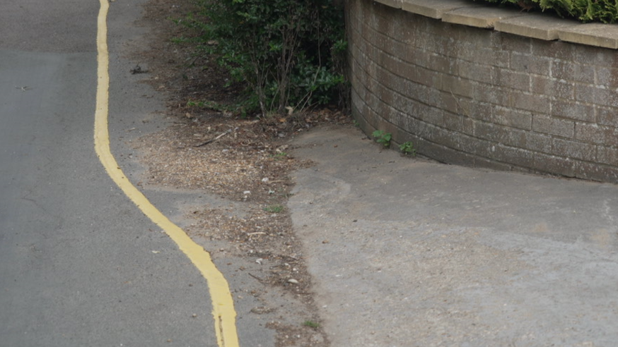 A yellow line runs across a driveway on the right of a road and then bends around some roadside shrubbery, rather than continuing in a straight line as would be expected.