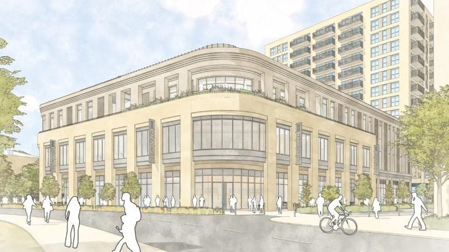 Artist's impression showing a pale curved building with the outlines of people walking and cycling past