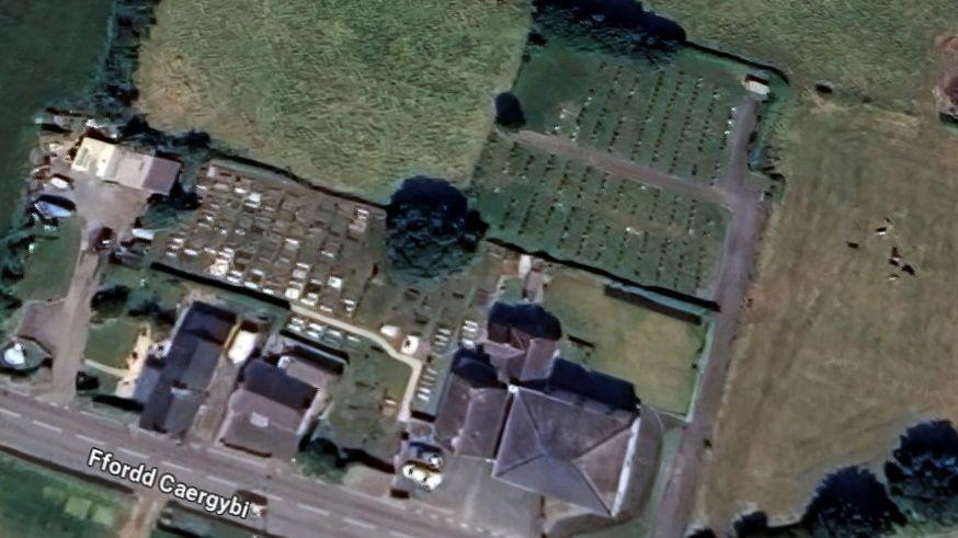 Arial view of the Y Rhyd Cemetery at Cemaes 