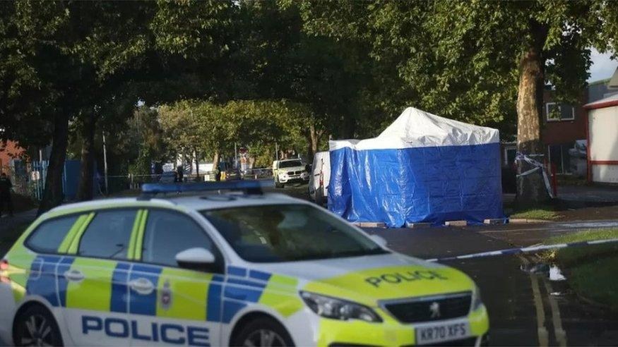 The scene of the shooting outside Ascot Drive police station in Derby