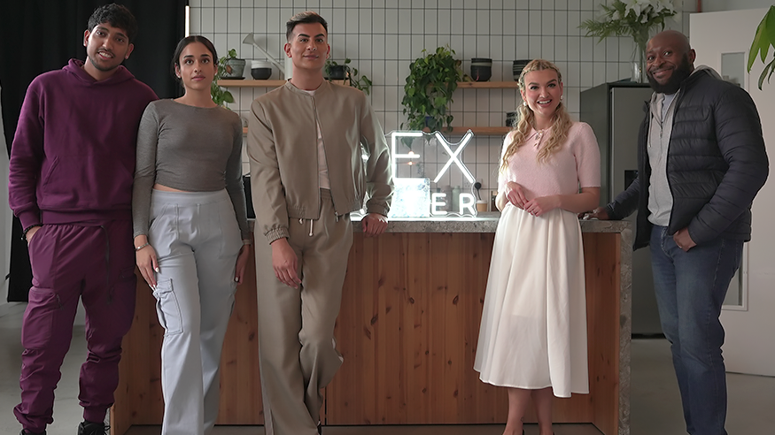 Five people standing in front of an illuminated sign for the Sex After documentary series.