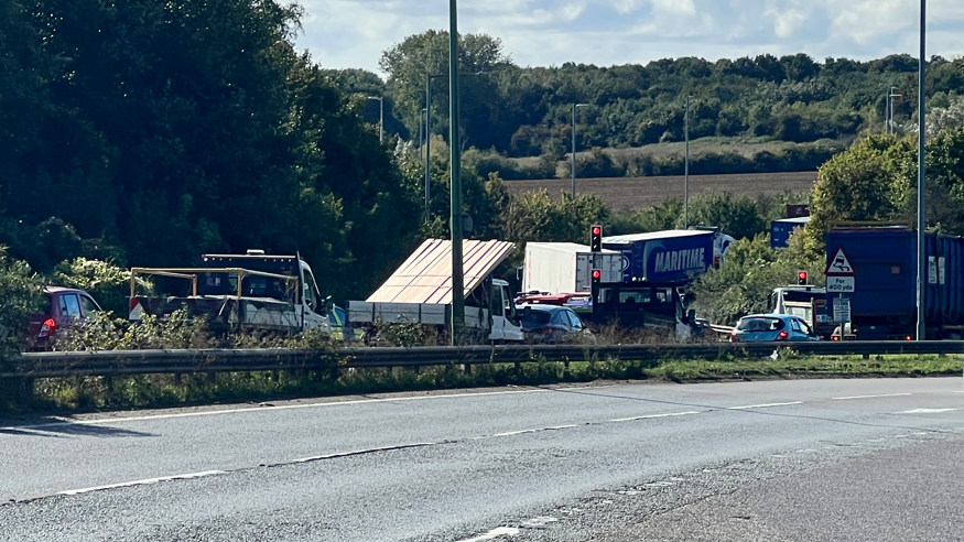 Rows of vehicles at a standstill on a road leading to the Copdock roundabout.