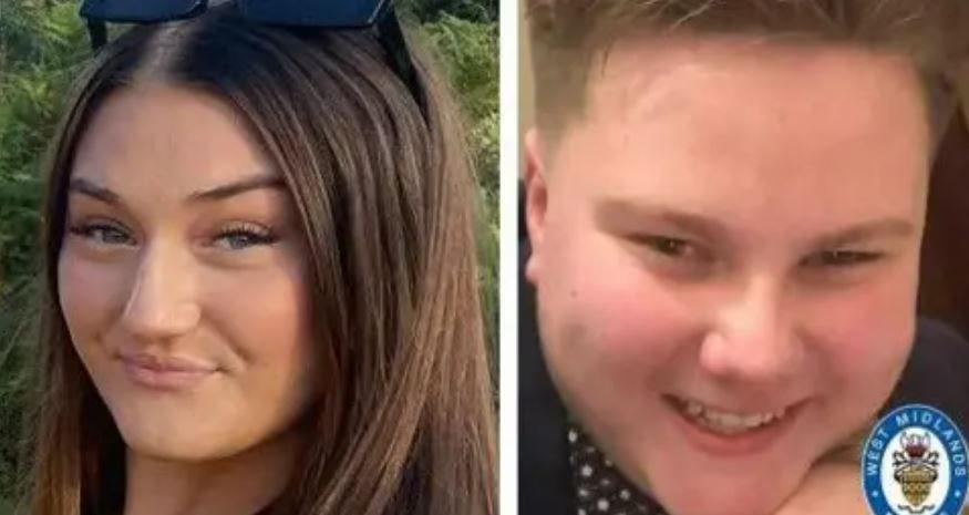 Two images: on the left, a teenage girl with brown hair and sunglasses pushed up on her head smiles at the camera; on the right a teenage boy grins at the camera with a smile that shows his teeth. A West Midlands Police logo is in the bottom right corner.