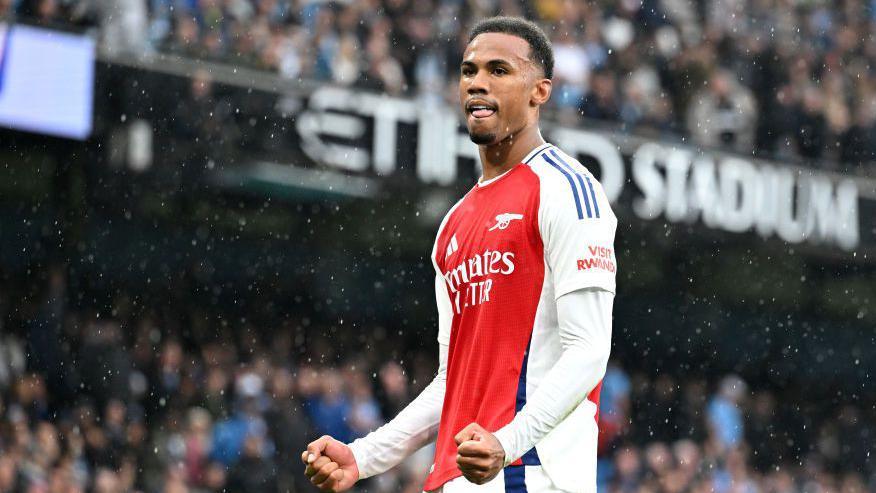 Gabriel of Arsenal celebrates scoring a goal