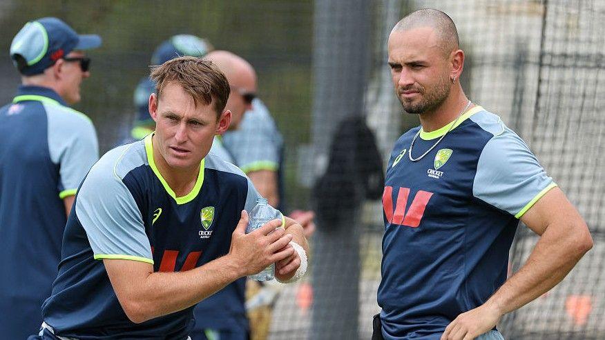 Marnus Labuschagne, left, and Jake Weatherald talk during practice