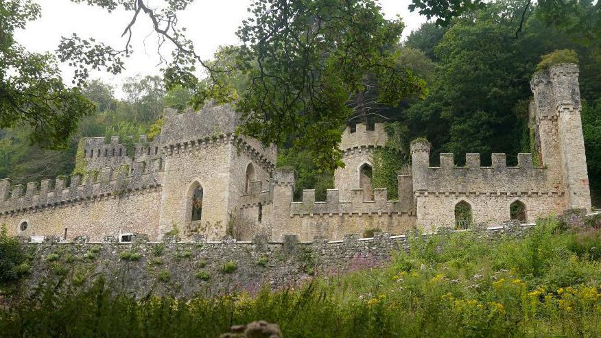 The outline of Gwrych Castle is seen from below, with turrets and high thick walls. It is surrounded by thick woodland. 