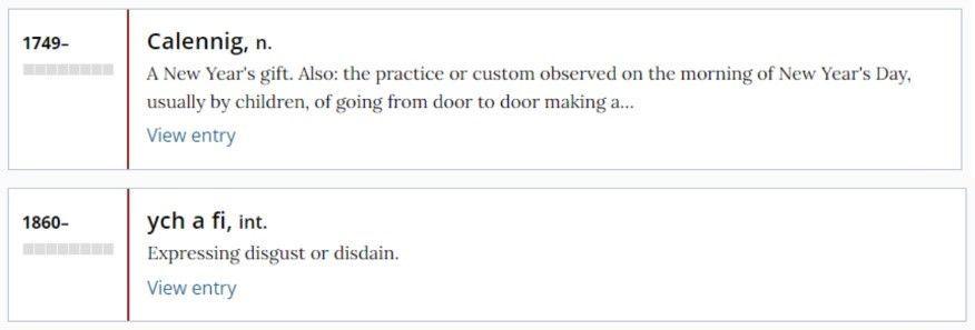 entries from the online version of the OED including calennig and ych a fi