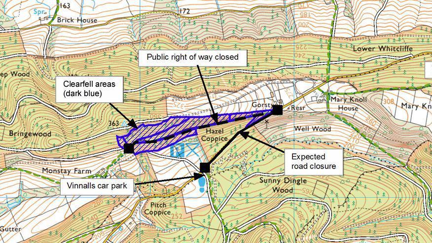 A map of the area, with blue lines marking where the trees will be felled at Hazel Coppice. There are black arrows marking the road closure