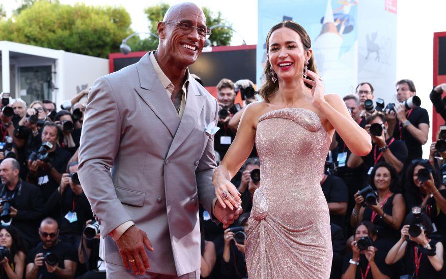 Dwayne Johnson and Emily Blunt attend "The Smashing Machine" red carpet during the 82nd Venice International Film Festival on September 01, 2025 in Venice, Italy.