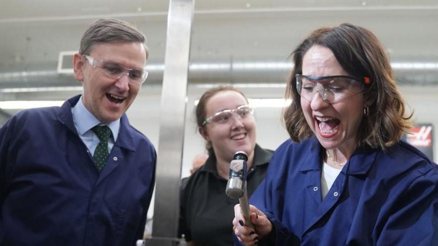 Work and Pensions Secretary Liz Kendall with MP for Peterborough Andrew Pakes (left) during a visit to Peterborough College to attend an apprenticeship showcase, ahead of the publication of the Get Britain Working White Paper. 