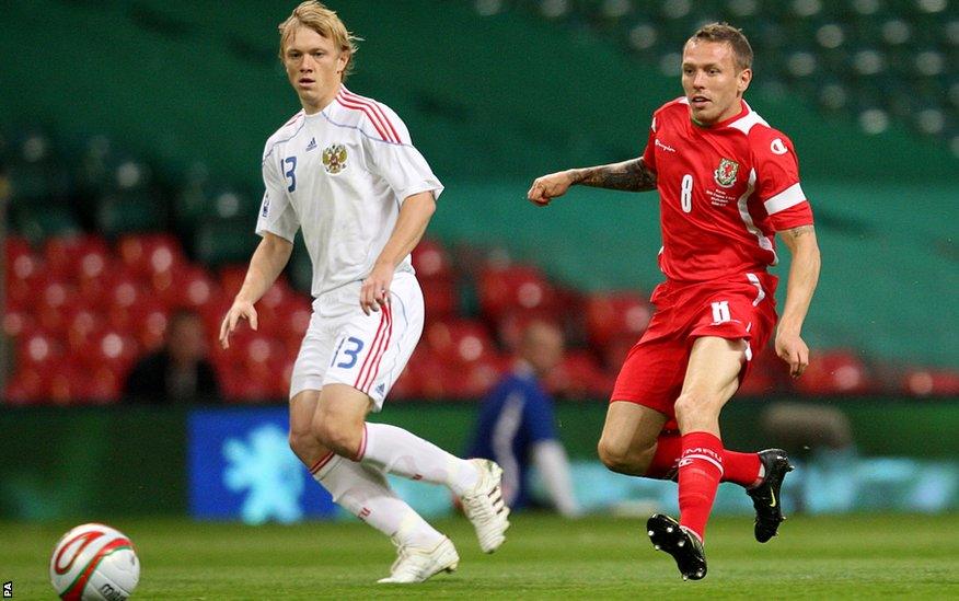 Bellamy has an attempt on goal during a home World Cup qualifier against Russia in 2009