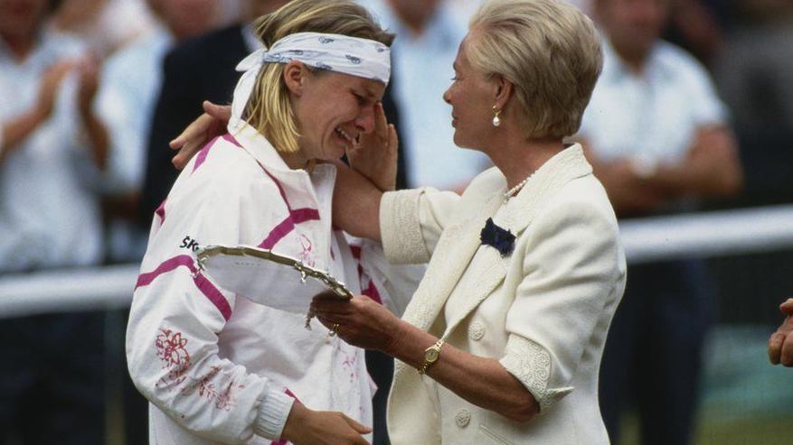The Duchess of York presents a tearful Jana Novotná with her runner-up prize at Wimbledon