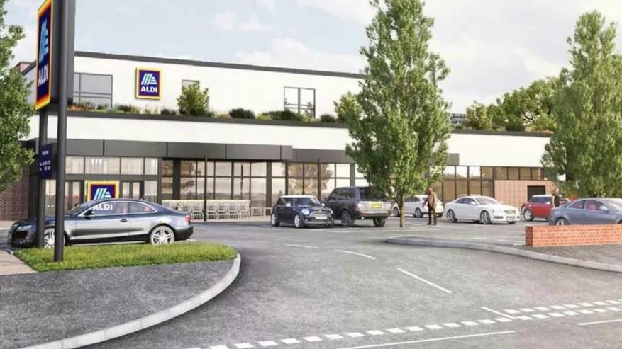 An artist's impression of the former design for the new store, showing the shopfront, some cars in the car park and trees.