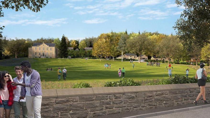 An artist's impression of the Lomond Banks resort in Loch Lomond, showing people walking by green space with holiday homes in the background