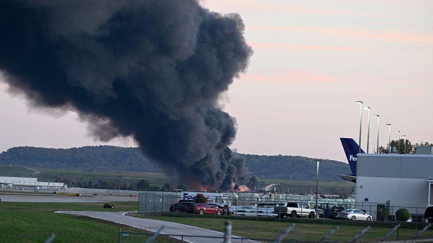 Smoke rising over Louisville Airport after a cargo plane crashed