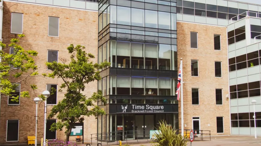 A general view of Bracknell Forest Council's headquarters in Time Square in Bracknell, a five storey building which has a large glass frontage 