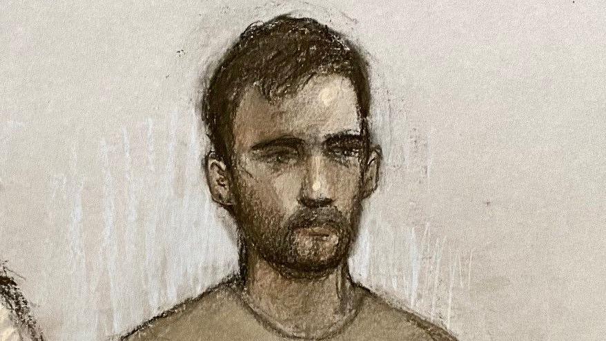 A court sketch of Mohammed Sharwarq, who has dark hair and a beard. He is wearing a light grey jumper.