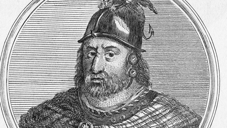 A sketch of William Wallace - a man with long hair and a beard wearing a helmet. 