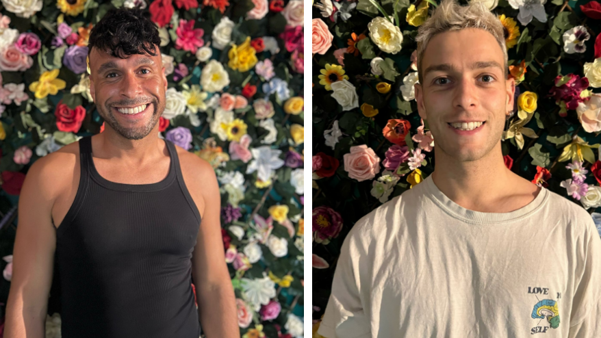 The picture shows two dancers - Harrison and Dennis - who will perform at Glastonbury. Harrison is wearing a black vest top and Dennis is wearing a white T-shirt.