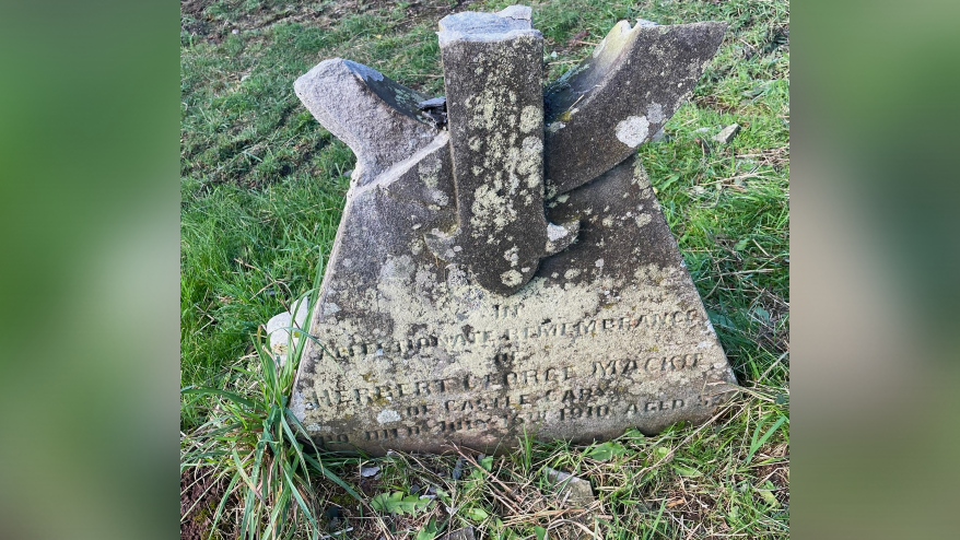 The damaged headstone of Herbert Mackie. The top half is missing after being accidentally damaged during work in the cemetery.