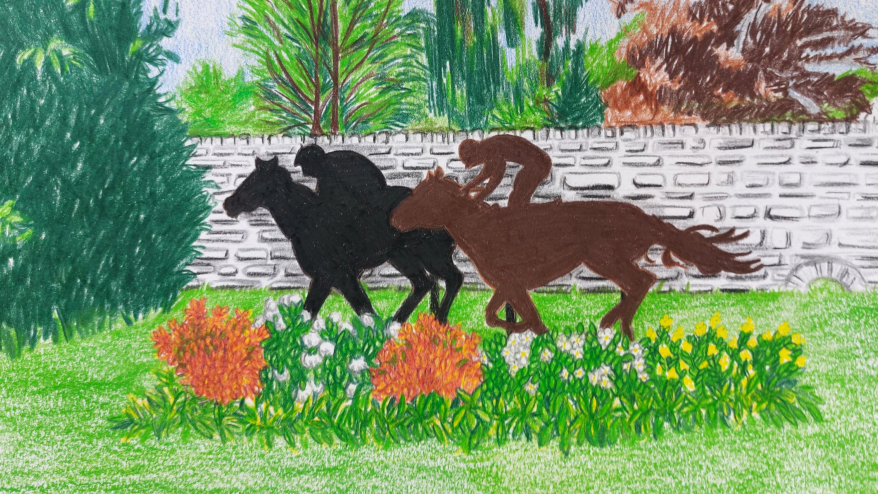 A colour drawing of a patch of flowers in front of a stone wall, with two sculpture silhouettes of racehorses and their jockeys in the middle - one is black and the other is brown.