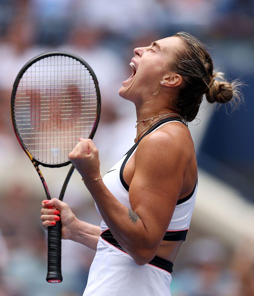 Aryna Sabalenka reacts against Rebeka Masarova of Switzerland during their Women's Singles First Round match on Day One of the 2025 US Open at USTA Billie Jean King National Tennis Center in the Flushing neighborhood of the Queens borough of New York City. Photo by Al Bello