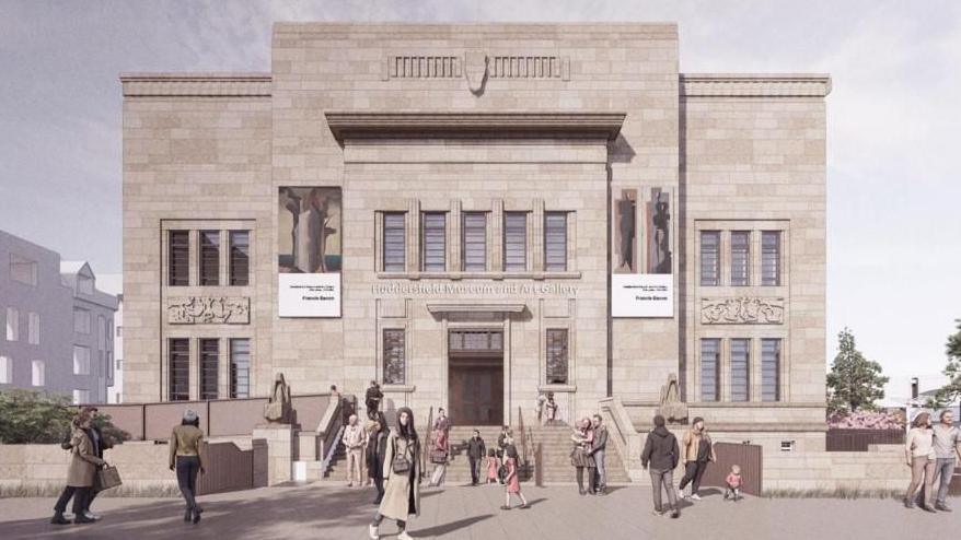 An artist's impression shows the front of the imposing stone block building set to house Huddersfield's new museum and art gallery. There is a sign above the entrance reading 'Huddersfield Museum and Art Gallery'.
