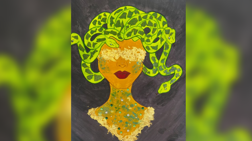 A painting of a stylised Medusa with colourful green snakes and a mask over her eyes.