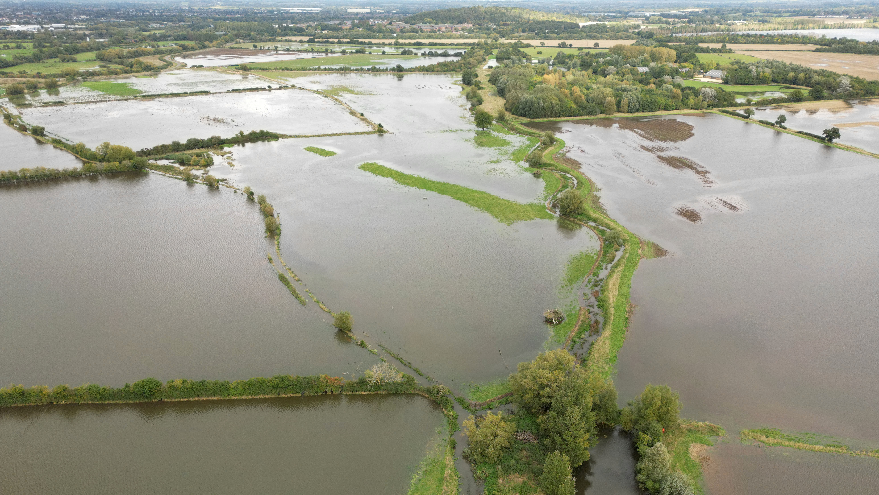 A drone view shows flooded fields following heavy rain, near Bicester