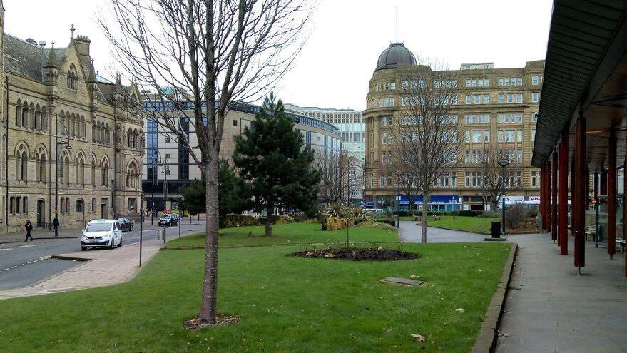 A patch of green land with a few trees and paths in the middle of a city centre