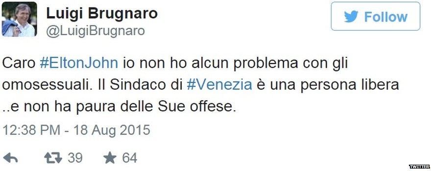 Tweet by Venice mayor Luigi Brugnaro responding to comments by Elton John - 18 August 2015