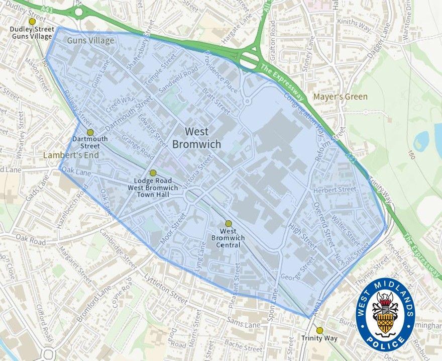 A map issued by police showing an area in West Bromwich town centre impacted by a Dispersal Order. It stretches to the East from Guns Village to Trinity Way