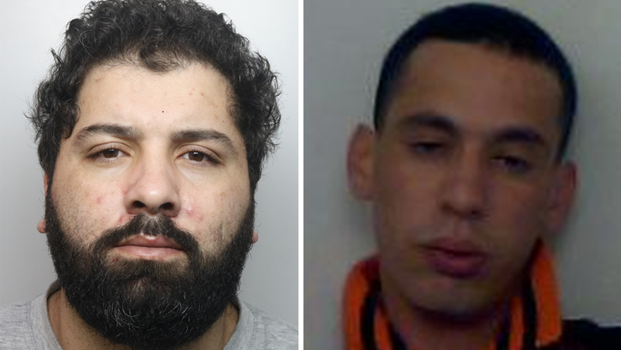 A composite of police custody photos. Walid Sadaoui has a full, dark beard and curly, dark hair. He wears a light-grey, collarless top. Reit Nicholas is clean-shaven, with short, dark hair and a top with an orange collar turned up.