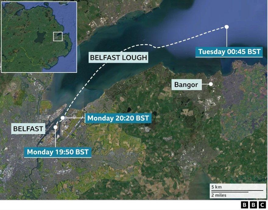 Map of cruise ship's movements from port to offshore anchoring in and around Belfast Lough.