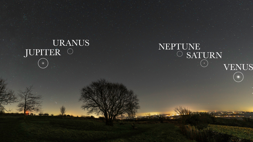 The picture shows the planets - Jupiter, Uranus, Neptune, Saturn and Venus - from the night sky.  The photo was taken from the Mendips near Priddy.