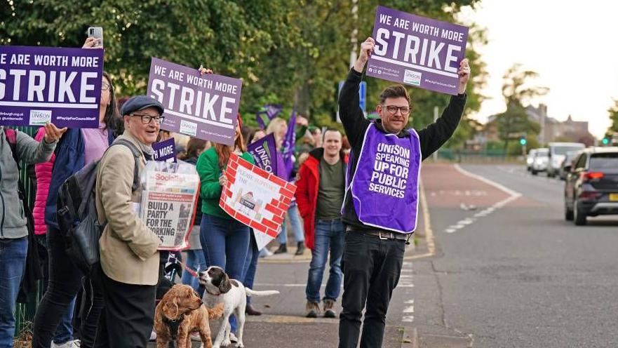 School support workers, who are members of Unison, Unite and GMB Scotland, on the picket line at Portobello High School in Edinburgh.