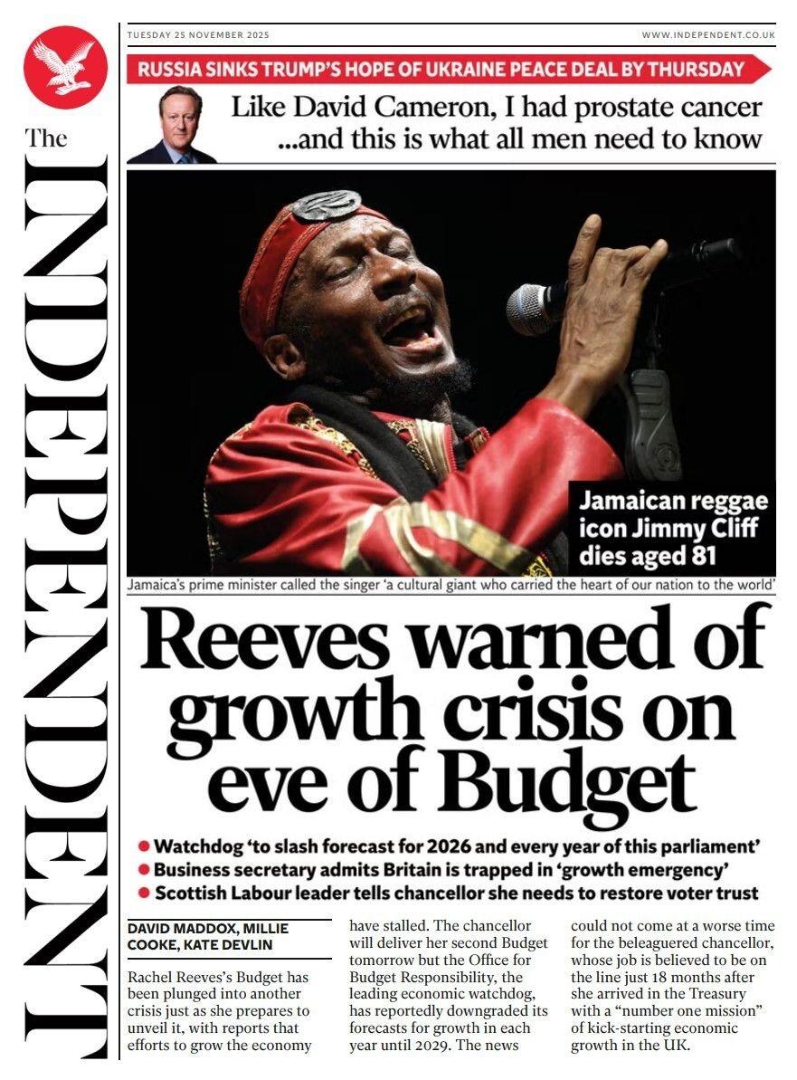 "Reeves warned of growth crisis on eve of Budget," reads the headline on the front page of the Independent.