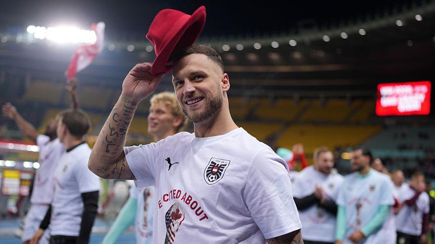 Marko Arnautovic of Austria celebrates after the team qualifies for the 2026 World Cup 