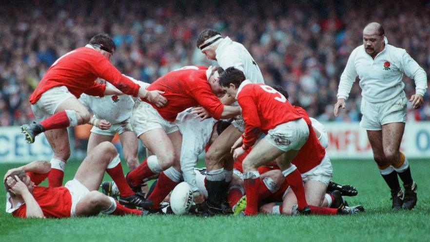 Wales and England battle for possession in 1989